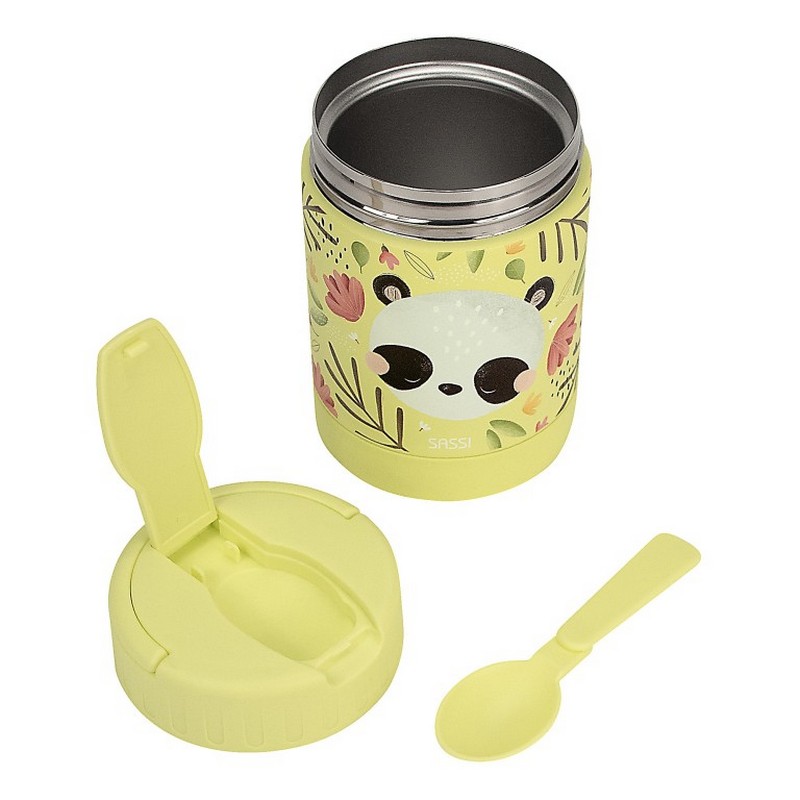 Portapranzo termico giallo per bambini decorato con panda e foglie in acciaio inossidabile, con cucchiaio incluso e maniglia estraibile per agevolare il trasporto